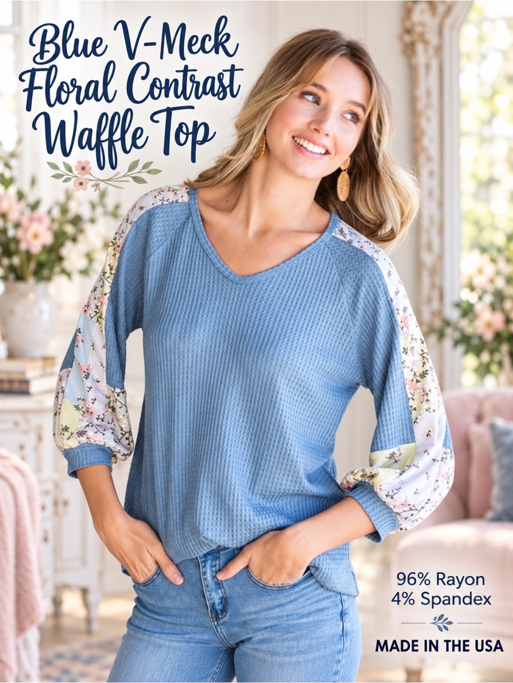 BLUE V NECK FLORAL CONTRAST WAFFLE TOP NEW